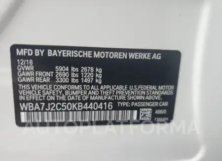 BMW 740 XE 2019 vin WBA7J2C50KB440416 from auto auction Copart