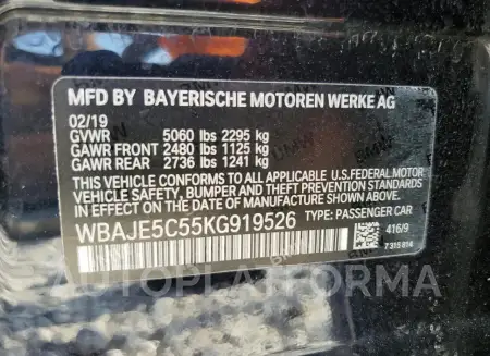 BMW 540 I 2019 vin WBAJE5C55KG919526 from auto auction Copart