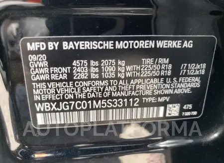 BMW X1 SDRIVE2 2021 vin WBXJG7C01M5S33112 from auto auction Copart