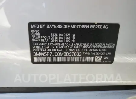 BMW 330E 2021 vin 3MW5P7J08M8B57003 from auto auction Copart