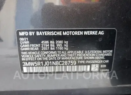 BMW 330I 2022 vin 3MW5R1J01N8C28759 from auto auction Copart