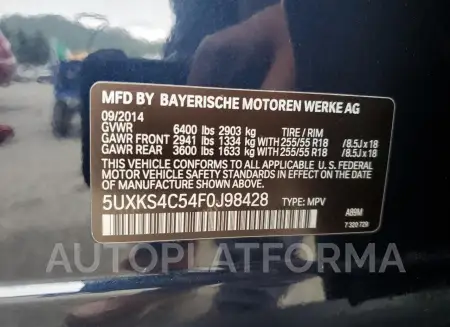 BMW X5 XDRIVE3 2015 vin 5UXKS4C54F0J98428 from auto auction Copart