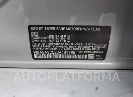 BMW 320 XI 2018 vin WBA8A3C52JA491785 from auto auction Copart