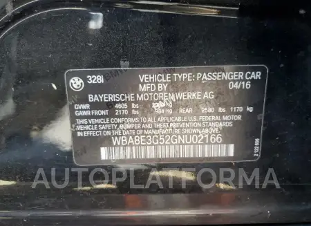 BMW 328 XI SUL 2016 vin WBA8E3G52GNU02166 from auto auction Copart