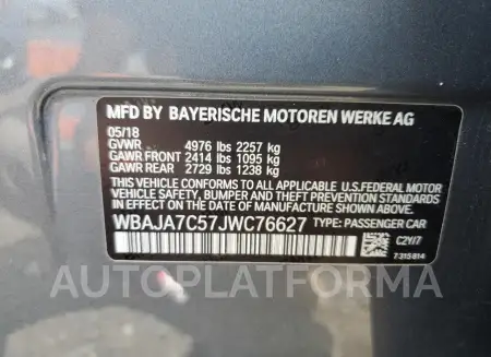 BMW 530 XI 2018 vin WBAJA7C57JWC76627 from auto auction Copart