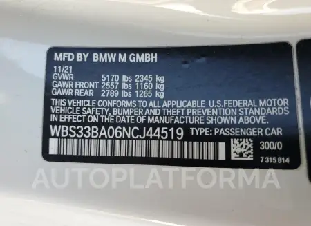 BMW M4 COMPETI 2022 vin WBS33BA06NCJ44519 from auto auction Copart