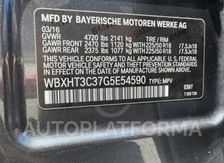 BMW X1 XDRIVE2 2016 vin WBXHT3C37G5E54590 from auto auction Copart