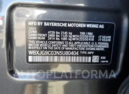 BMW X1 XDRIVE2 2022 vin WBXJG9C03N5U80404 from auto auction Copart