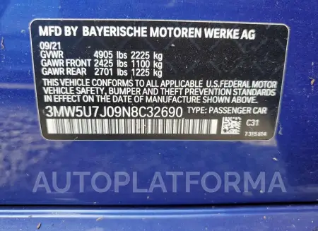 BMW M340I 2022 vin 3MW5U7J09N8C32690 from auto auction Copart