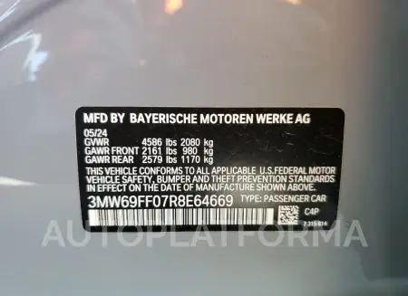 BMW 330I 2024 vin 3MW69FF07R8E64669 from auto auction Copart