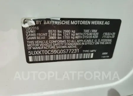 BMW X5 XDR40E 2016 vin 5UXKT0C59G0S77231 from auto auction Copart