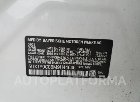 BMW X3 XDRIVEM 2021 vin 5UXTY9C06M9H44646 from auto auction Copart