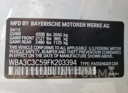 BMW 320 I XDRI 2015 vin WBA3C3C59FK203394 from auto auction Copart