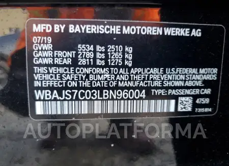 BMW M550XI 2020 vin WBAJS7C03LBN96004 from auto auction Copart