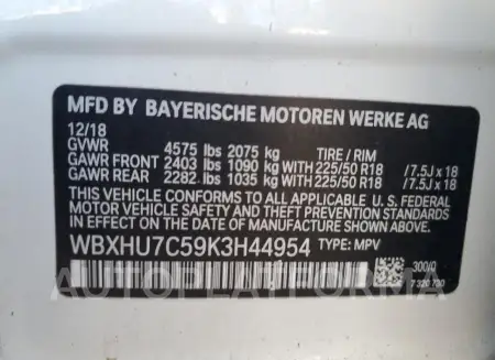 BMW X1 SDRIVE2 2019 vin WBXHU7C59K3H44954 from auto auction Copart