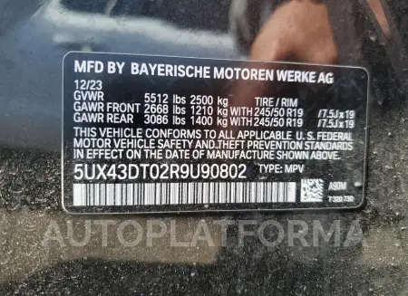 BMW X4 M40I 2024 vin 5UX43DT02R9U90802 from auto auction Copart