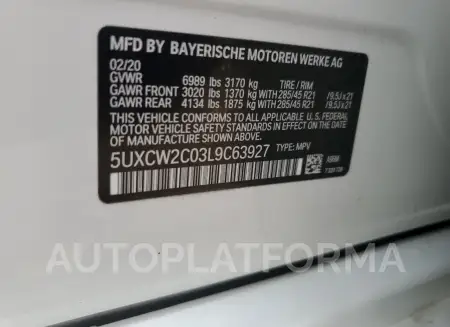 BMW X7 XDRIVE4 2020 vin 5UXCW2C03L9C63927 from auto auction Copart