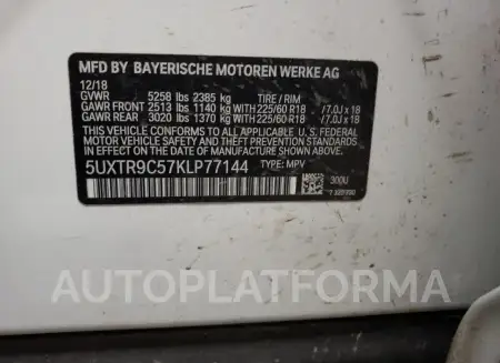 BMW X3 XDRIVE3 2019 vin 5UXTR9C57KLP77144 from auto auction Copart