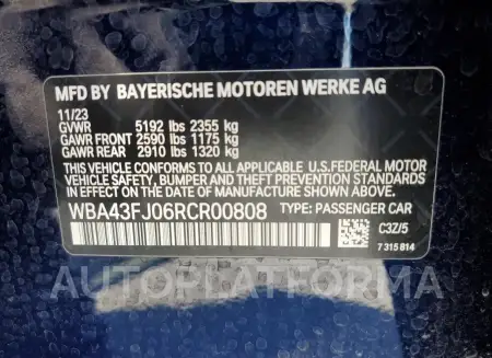 BMW 530 I 2024 vin WBA43FJ06RCR00808 from auto auction Copart