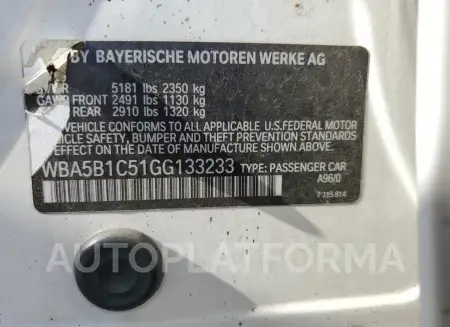 BMW 535 I 2016 vin WBA5B1C51GG133233 from auto auction Copart