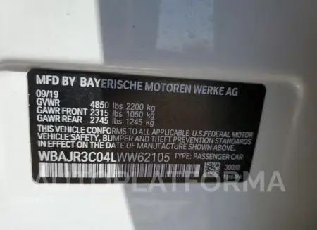 BMW 530 I 2020 vin WBAJR3C04LWW62105 from auto auction Copart