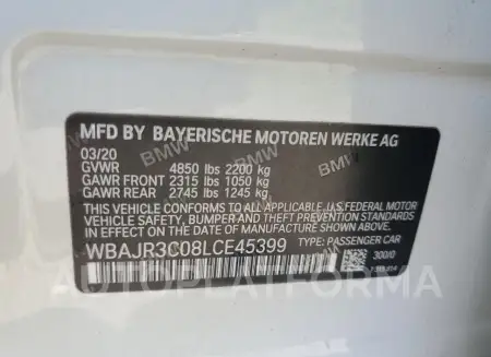 BMW 530 I 2020 vin WBAJR3C08LCE45399 from auto auction Copart