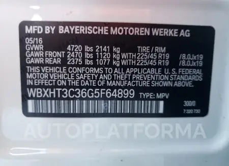 BMW X1 XDRIVE2 2016 vin WBXHT3C36G5F64899 from auto auction Copart