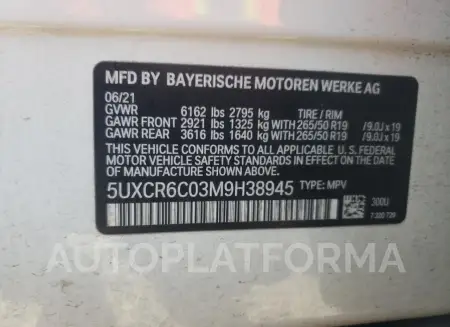 BMW X5 XDRIVE4 2021 vin 5UXCR6C03M9H38945 from auto auction Copart