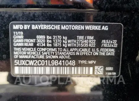 BMW X7 XDRIVE4 2020 vin 5UXCW2C01L9B41048 from auto auction Copart