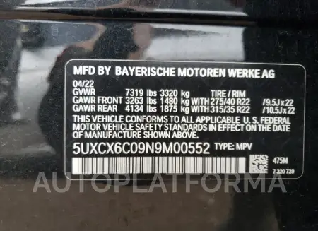 BMW X7 M50I 2022 vin 5UXCX6C09N9M00552 from auto auction Copart