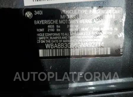 BMW 340 I 2016 vin WBA8B3G56GNA92714 from auto auction Copart