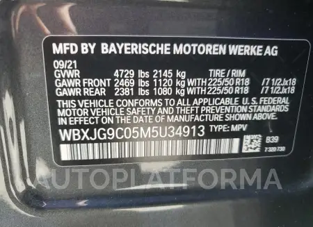 BMW X1 XDRIVE2 2021 vin WBXJG9C05M5U34913 from auto auction Copart