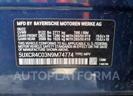 BMW X5 SDRIVE 2022 vin 5UXCR4C03N9M74774 from auto auction Copart