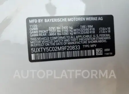 BMW X3 XDRIVE3 2021 vin 5UXTY5C02M9F20833 from auto auction Copart