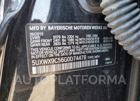 BMW X3 XDRIVE2 2016 vin 5UXWX9C56G0D74478 from auto auction Copart