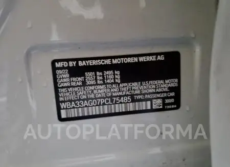 BMW 530XE 2023 vin WBA33AG07PCL75485 from auto auction Copart