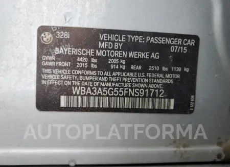 BMW 328 I 2015 vin WBA3A5G55FNS91712 from auto auction Copart