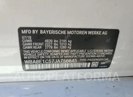 BMW 330E 2018 vin WBA8E1C57JA756645 from auto auction Copart