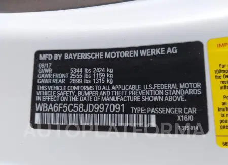 BMW 650I 2018 vin WBA6F5C58JD997091 from auto auction Iaai