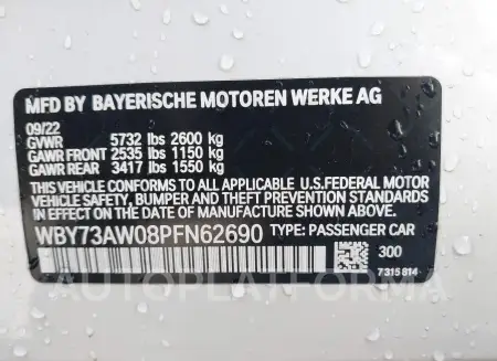 BMW I4 2023 vin WBY73AW08PFN62690 from auto auction Iaai