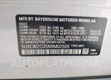 BMW X7 2022 vin 5UXCW2C05N9M02505 from auto auction Iaai