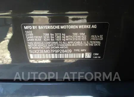 BMW X7 2023 vin 5UX23EM07P9P28409 from auto auction Iaai