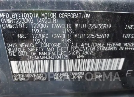 TOYOTA VENZA 2022 vin JTEAAAAH0NJ104125 from auto auction Iaai