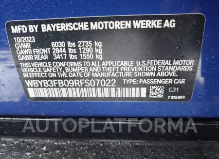 BMW I4 2024 vin WBY83FB09RFS07022 from auto auction Iaai