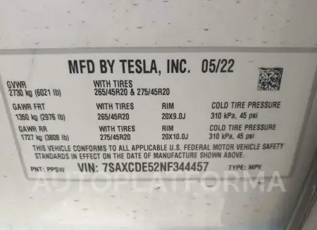 TESLA MODEL X 2022 vin 7SAXCDE52NF344457 from auto auction Iaai