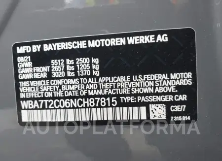 BMW 740I 2022 vin WBA7T2C06NCH87815 from auto auction Iaai