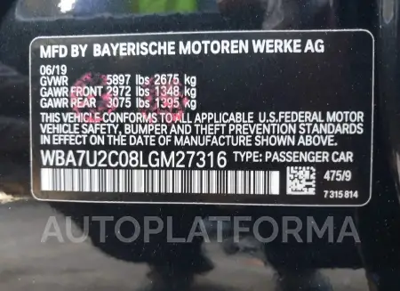 BMW 750I 2020 vin WBA7U2C08LGM27316 from auto auction Iaai