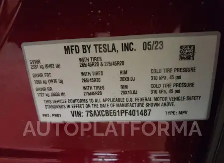 TESLA MODEL X 2023 vin 7SAXCBE61PF401487 from auto auction Iaai