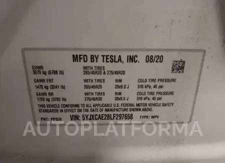 TESLA MODEL X 2020 vin 5YJXCAE28LF297658 from auto auction Iaai