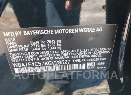 BMW 740I 2019 vin WBA7E4C57KGV28527 from auto auction Iaai